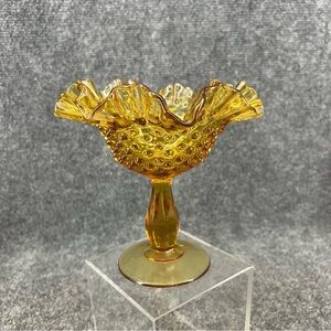 Vintage Fenton Amber Yellow Glass Ruffled Edge Hobnail Compote Candy Dish 6”